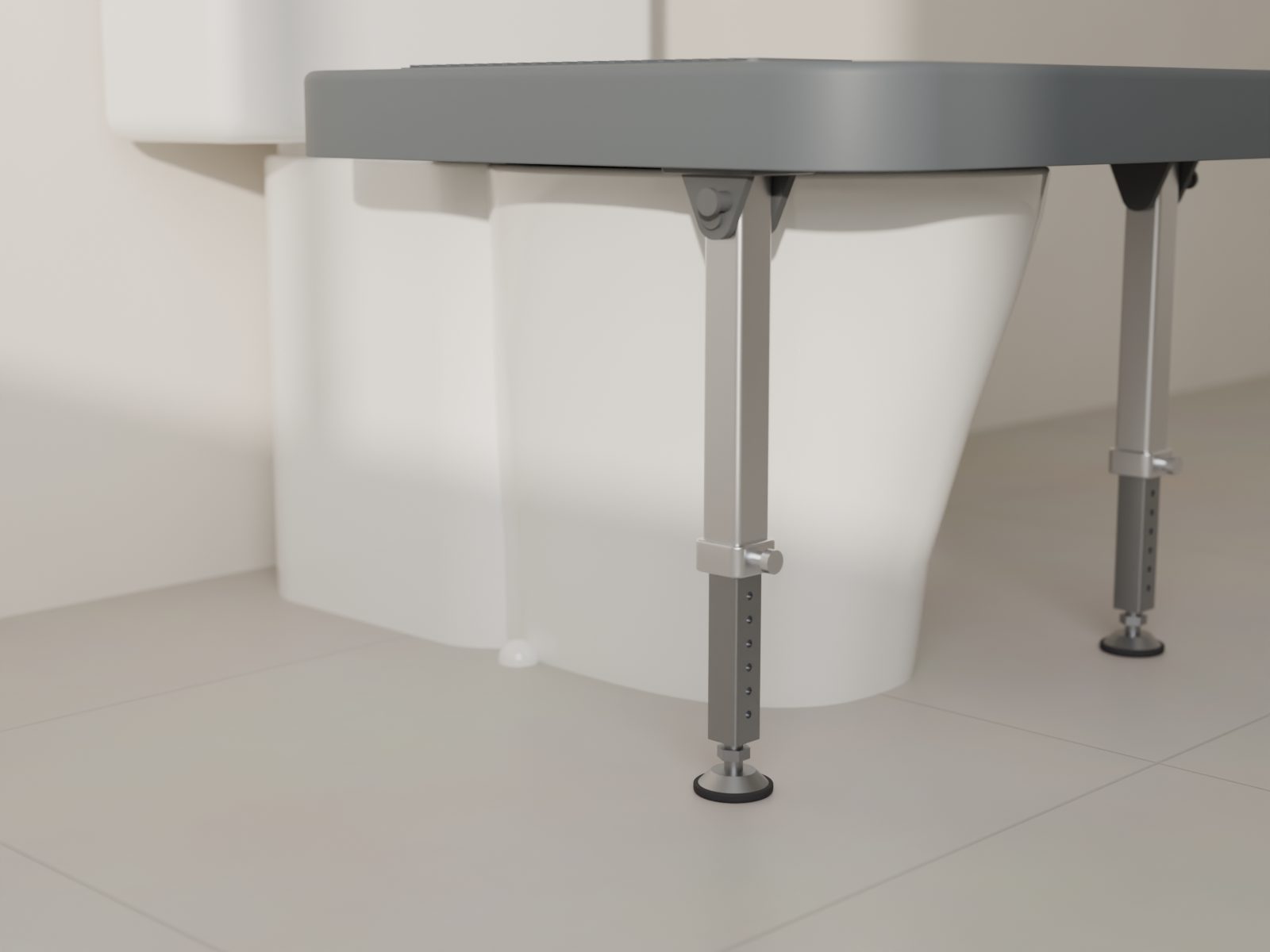 Perch Platform+ seen low from the side: two aluminium legs swung down from under the platform, standing on rubber feet either side of the bowl.