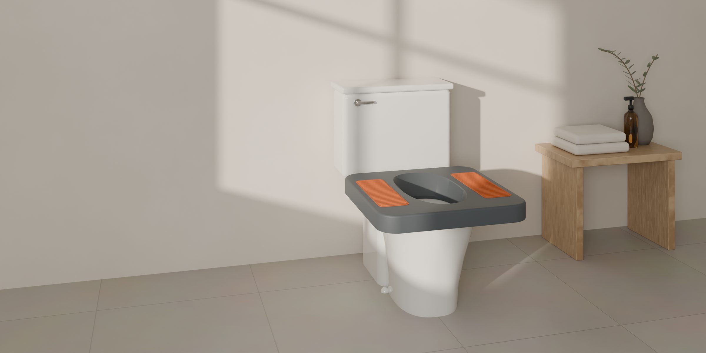 A sunlit bathroom with a white toilet fitted with Perch Platform: a charcoal platform with a long opening and two orange ribbed treads. An oak bench with folded towels stands beside it.